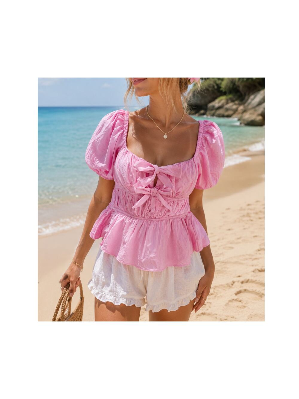 ASTR‎ The Label Pink Bow Front Puff Sleeve Peplum Top XS NWOT Cottagecore